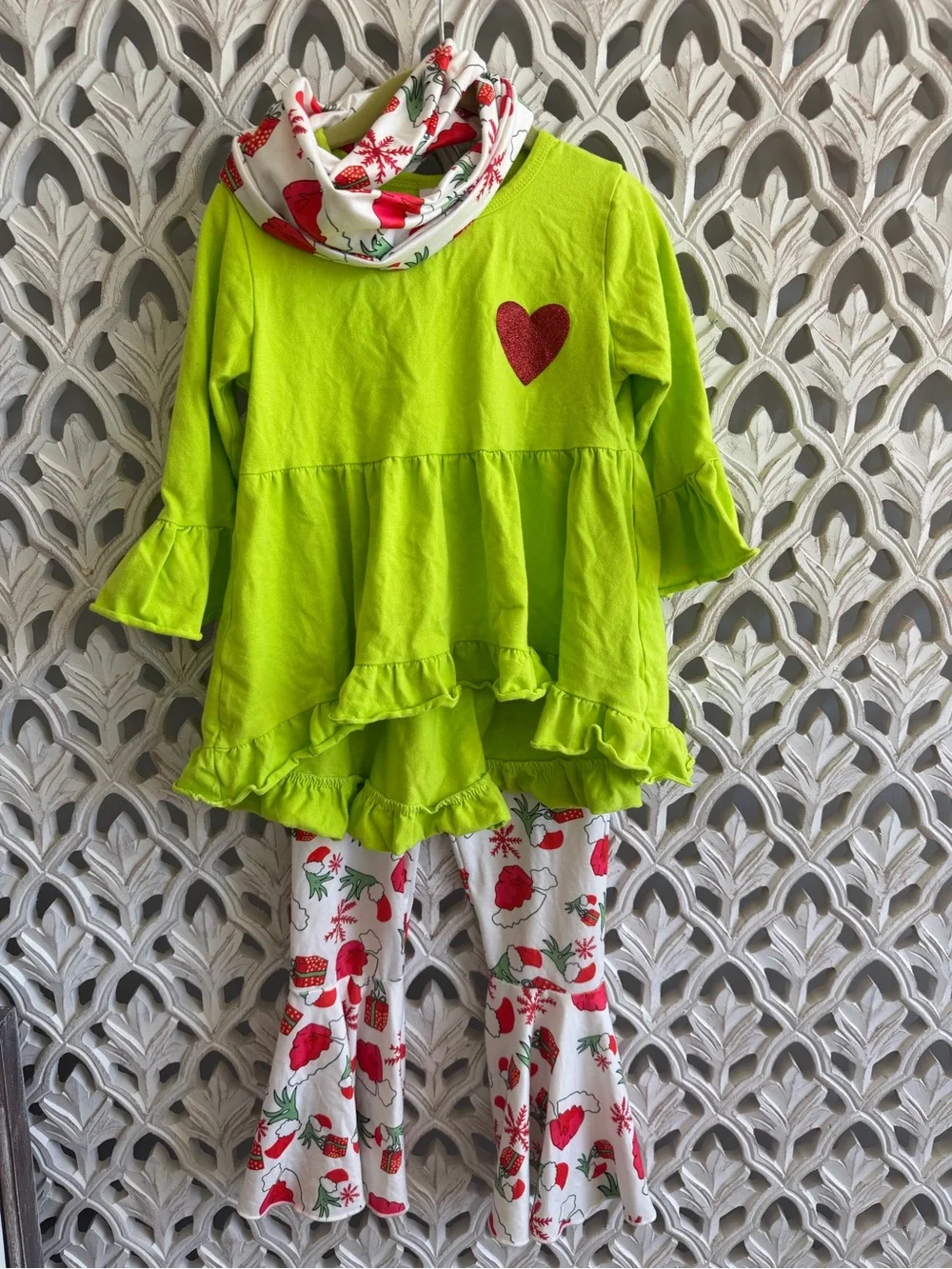 Girls Grinch Inspired Christmas Outfit Set 4-5Y Tunic Leggings Scarf